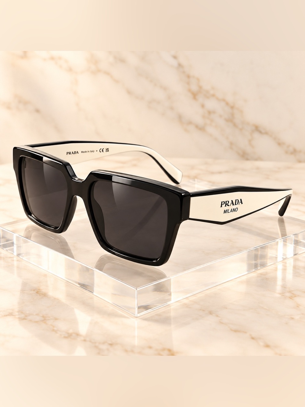 Prada Black Frame Sunglasses with Cream Temples